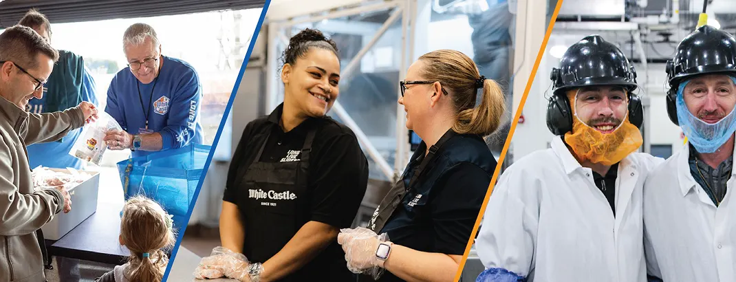 Collage of White Castle employees volunteering, collaborating in a restaurant, and working in a food production facility.