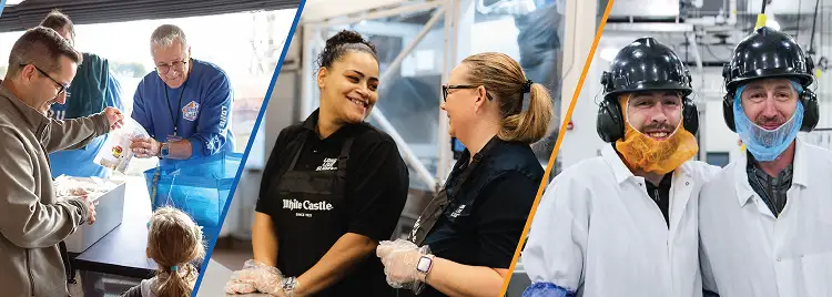 Collage of White Castle employees volunteering, collaborating in a restaurant, and working in a food production facility.